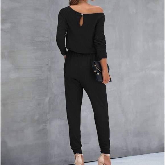 Classic Elegant Asymmetrical Neck Long Sleeve Knot Tie Waist Tee Jumpsuit - Picture 2 of 11
